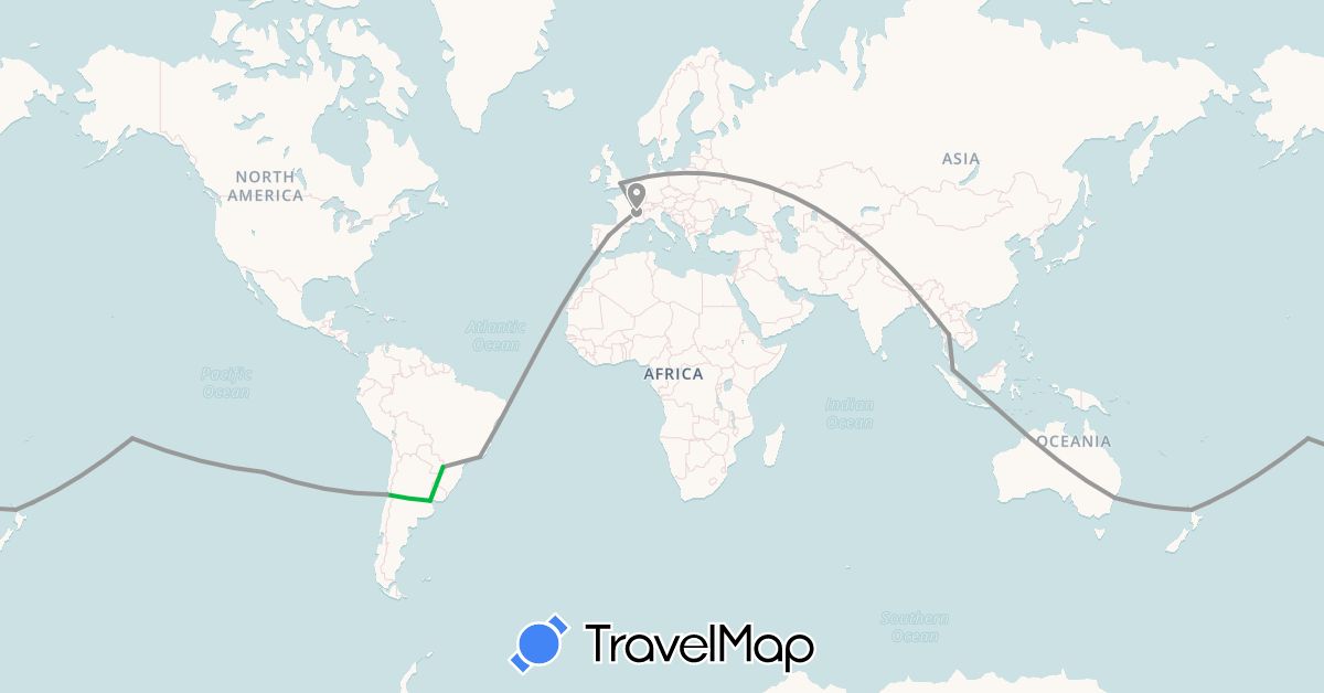 TravelMap itinerary: driving, bus, plane in Argentina, Australia, Brazil, Chile, Spain, France, United Kingdom, Indonesia, Malaysia, New Zealand, French Polynesia, Thailand (Asia, Europe, Oceania, South America)